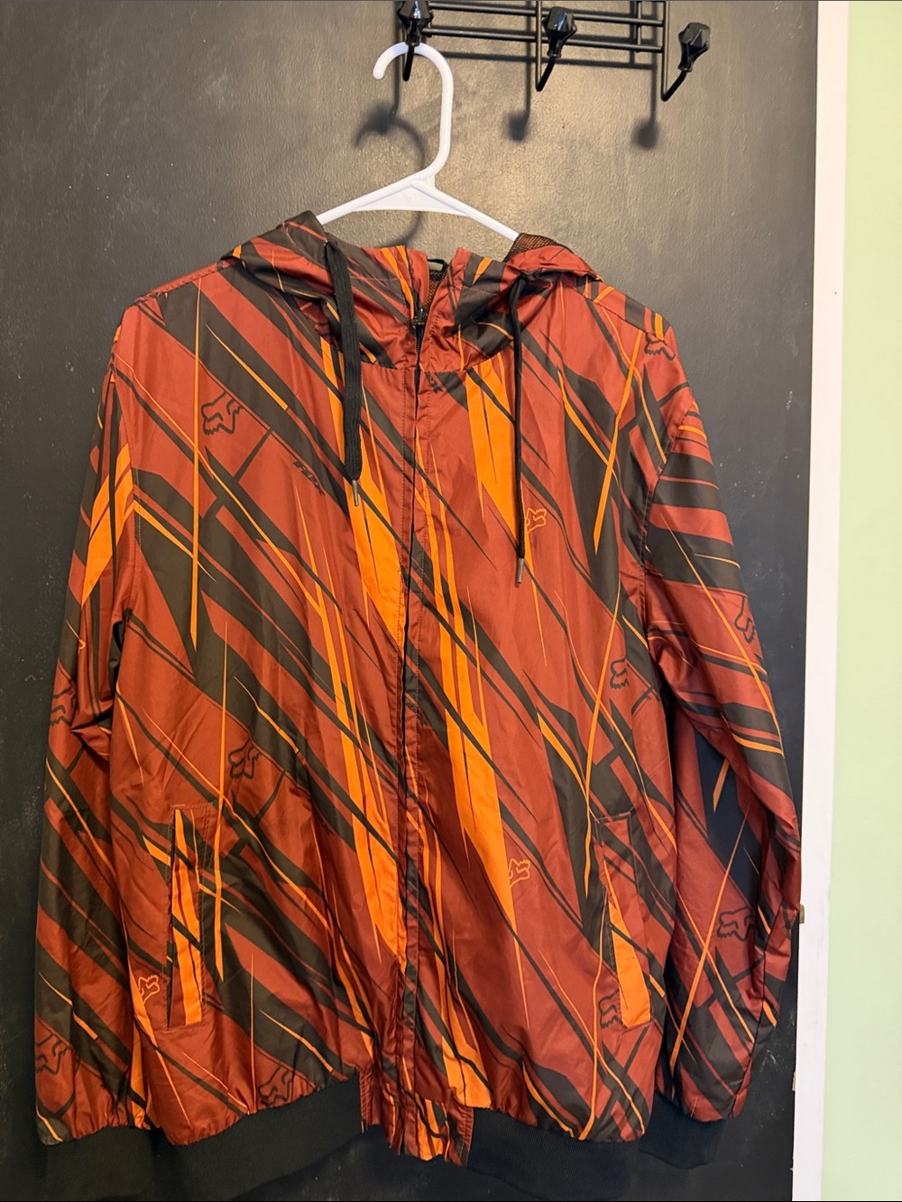 Fox Racing Hooded Windbreaker Jacket Orange Slash Print Mens Size Medium